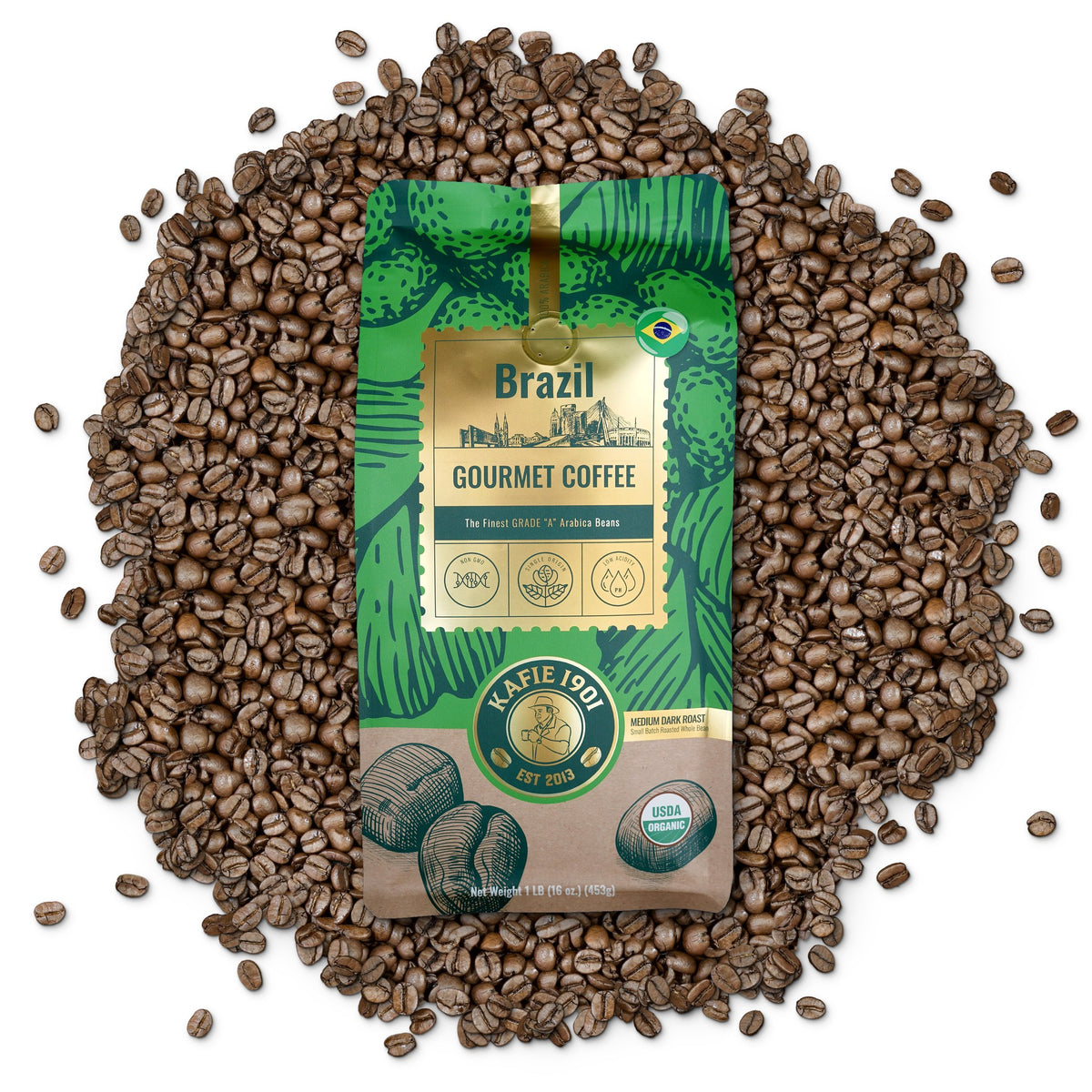Kafie 1901 Brazil Coffee 1 lb whole bean bag on a pile of roasted coffee beans