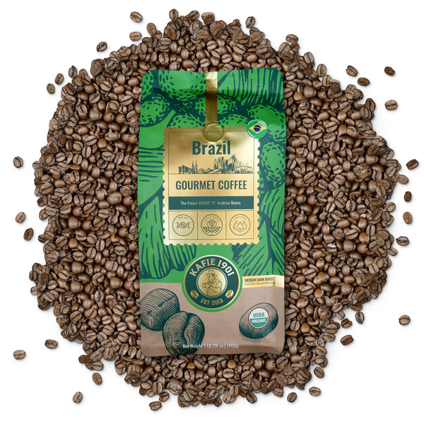Kafie 1901 Brazil Coffee 1 lb whole bean bag on a pile of roasted coffee beans