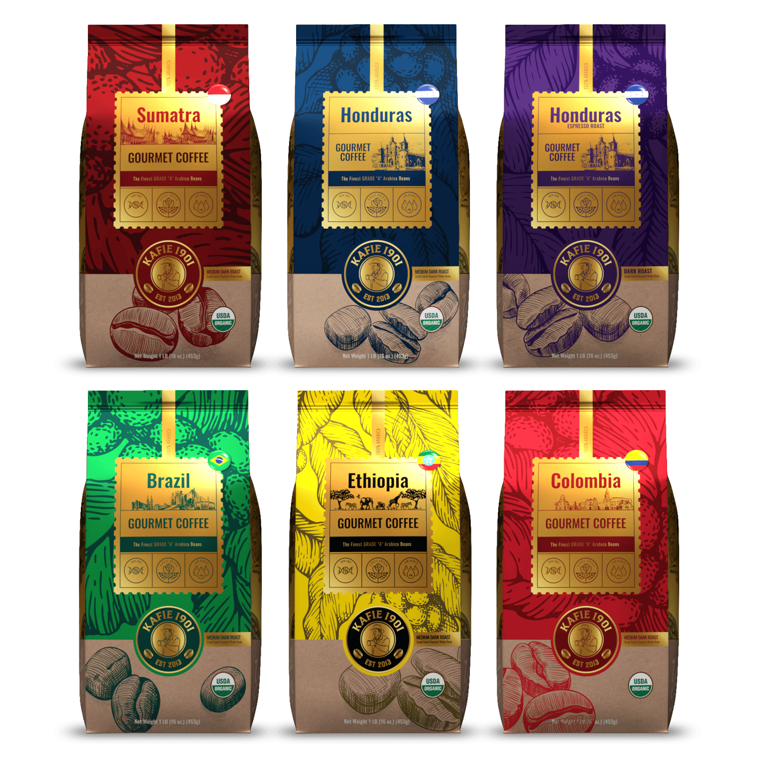 Kafie 1901 Coffee Connoisseurs Sampler — six single-origin whole bean coffees