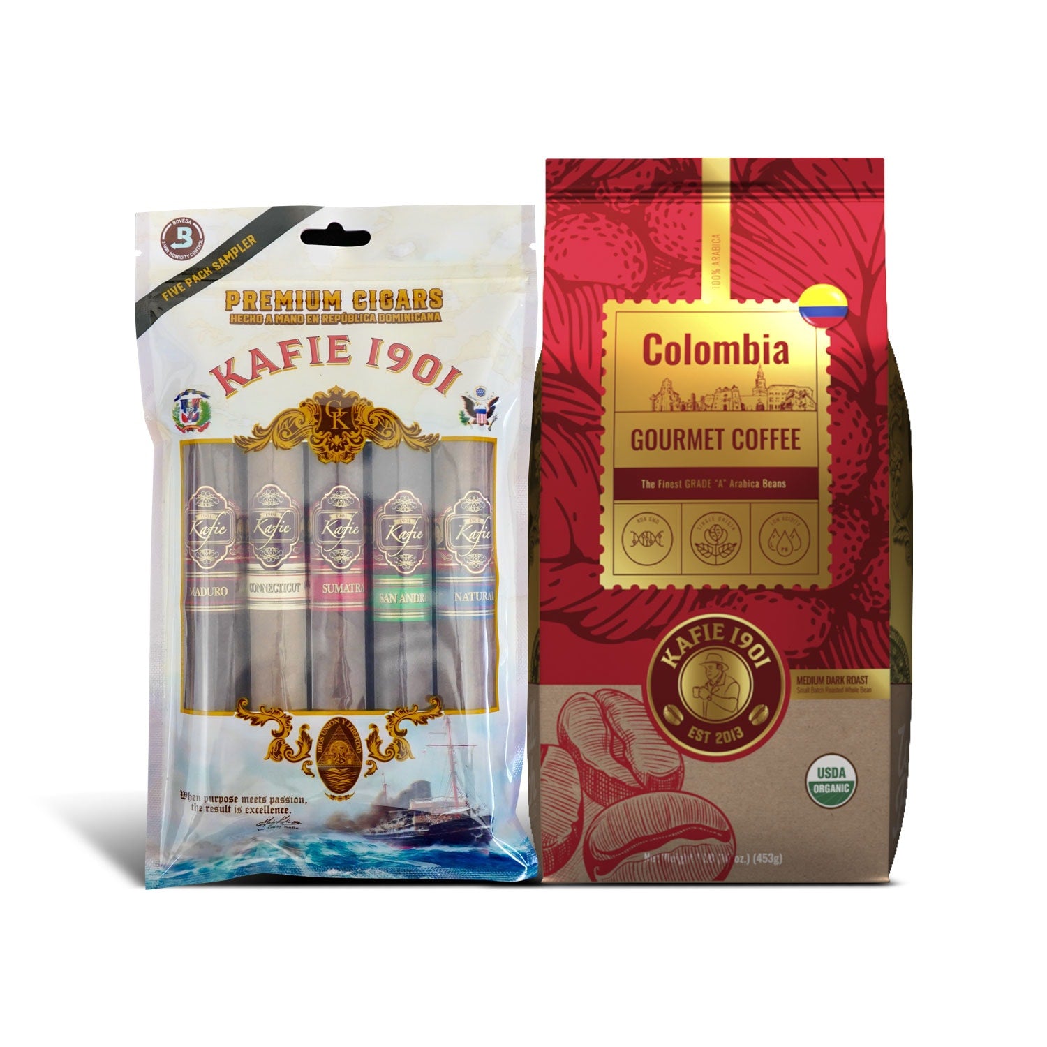 Kafie 1901 Cigars Variety Sampler + 1 lb of Colombian Coffee