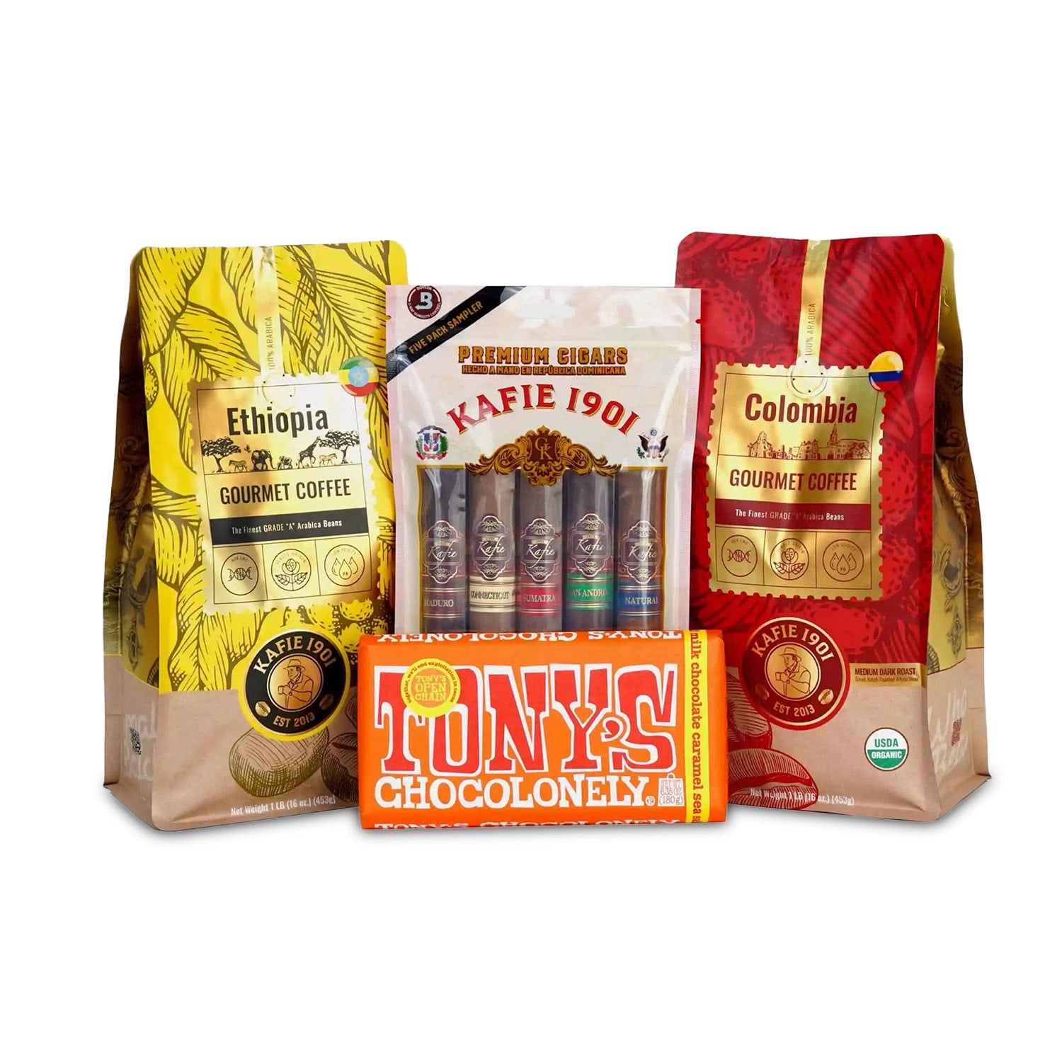 Kafie 1901 Ethiopia & Colombia Coffee and Cigar Pairing Set with Tony's Chocolonely