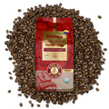 Kafie 1901 Colombia Coffee 1 lb whole bean bag on a pile of roasted coffee beans