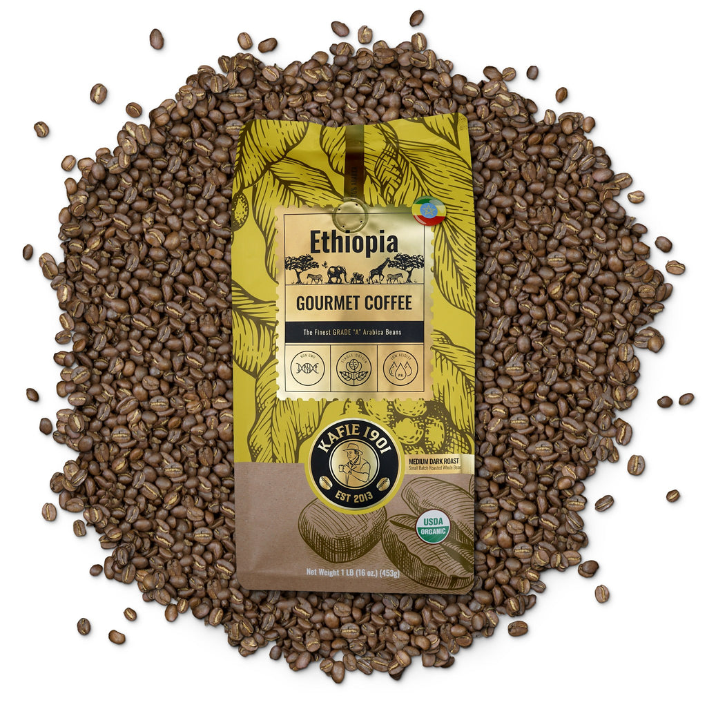Kafie 1901 Ethiopia Coffee 1 lb whole bean bag on a pile of roasted coffee beans