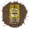 Kafie 1901 Ethiopia Coffee 1 lb whole bean bag on a pile of roasted coffee beans