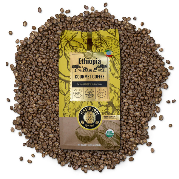 Kafie 1901 Ethiopia Coffee 1 lb whole bean bag on a pile of roasted coffee beans