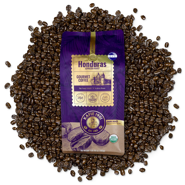 Kafie 1901 Italian Espresso Roast Organic Coffee 1 lb whole bean bag on a pile of roasted coffee beans