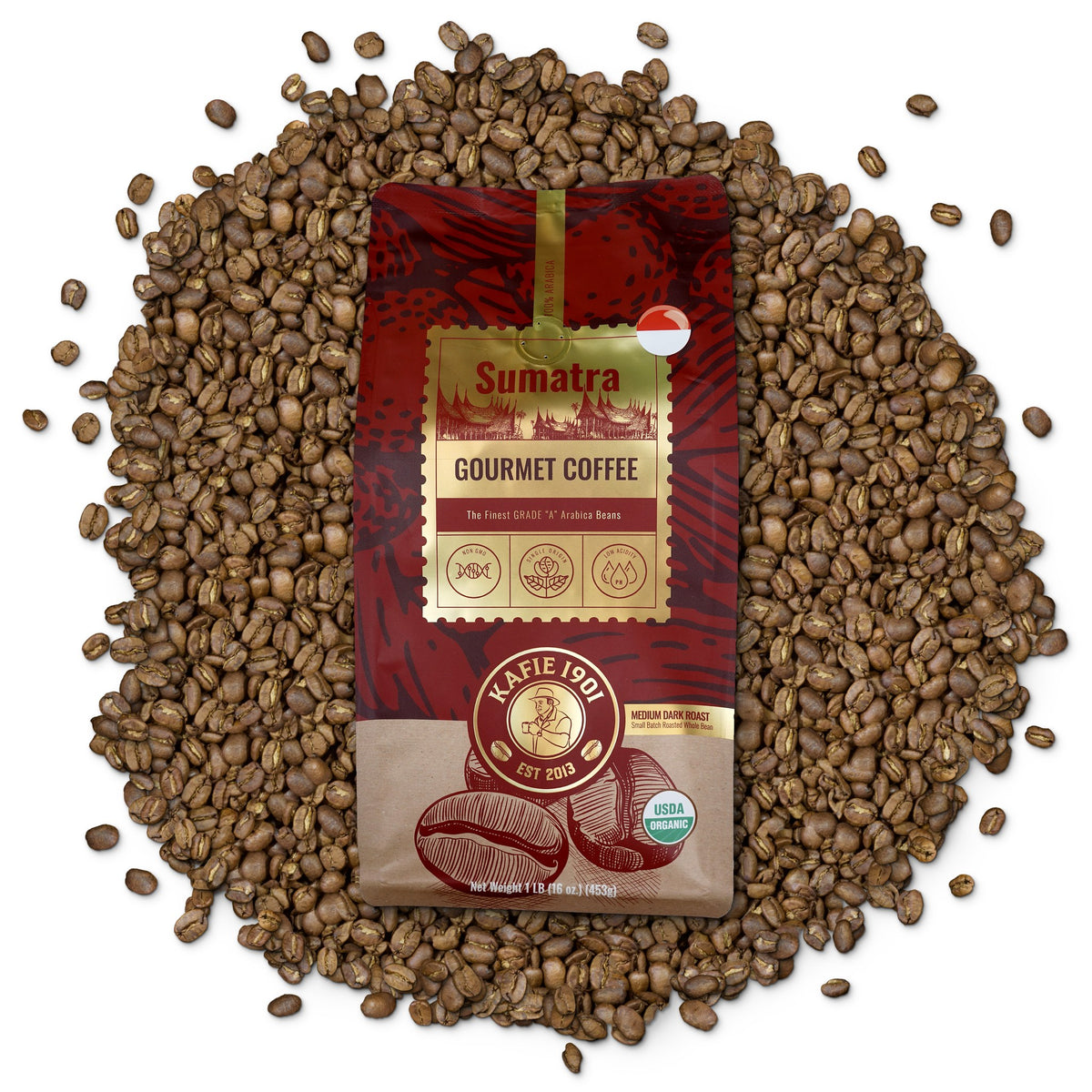 Kafie 1901 Sumatra Coffee 1 lb whole bean bag on a pile of roasted coffee beans