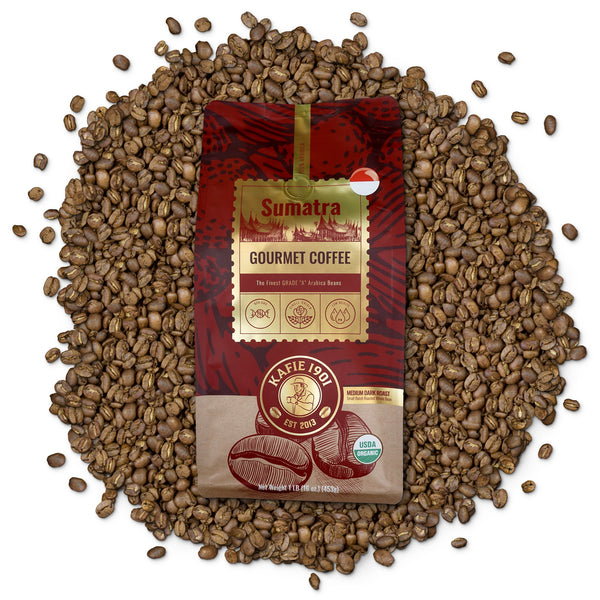 Kafie 1901 Sumatra Coffee 1 lb whole bean bag on a pile of roasted coffee beans